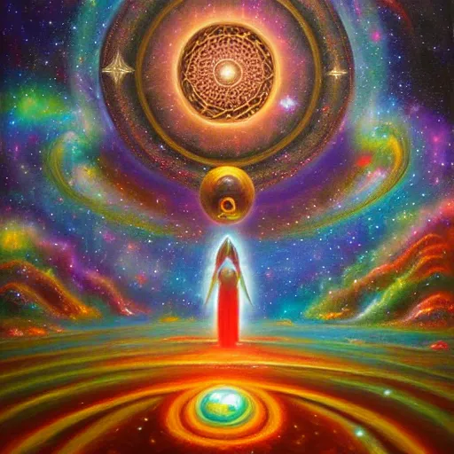 Prompt: metaverse made of ancient magic technology, galactic nebular astral realm sacred journey in oil painting, trending on artstation, award winning, emotional vibrant, highly detailed surrealist art