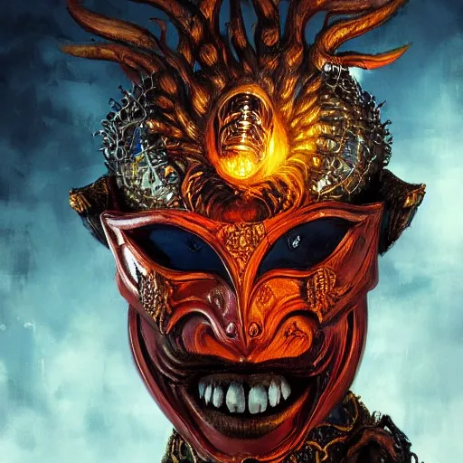 Image similar to Very very very very highly detailed epic photo of face with fiery demonic venetian mask, intricate, dystopian, sci-fi, extremely detailed, digital painting, artstation, concept art, smooth, sharp focus, illustration, intimidating lighting, realistic, incredible art by Artgerm and Vincent di Fate and Anton Pieck