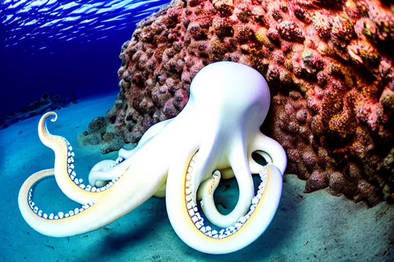 Image similar to underwater photography of a gigantic white octopus walking at the shore of the beach