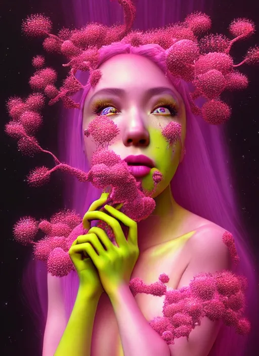 Image similar to hyper detailed 3d render like a Oil painting - kawaii Aurora (Singer) seen Eating of the Strangling network of yellowcake aerochrome and milky Fruit and Her delicate Hands hold of gossamer polyp blossoms bring iridescent fungal flowers whose spores black the foolish stars by Jacek Yerka, Mariusz Lewandowski, Houdini algorithmic generative render, Abstract brush strokes, Masterpiece, Edward Hopper and James Gilleard, Zdzislaw Beksinski, Mark Ryden, Wolfgang Lettl, hints of Yayoi Kasuma, octane render, 8k