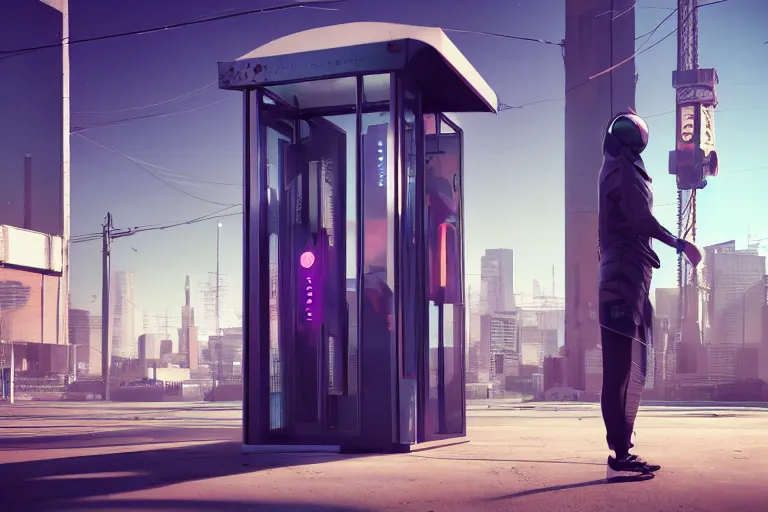 Image similar to a person jumping in the air in front of a phone booth, cyberpunk art by beeple, cgsociety contest winner, retrofuturism, octane render, concept art, dystopian art