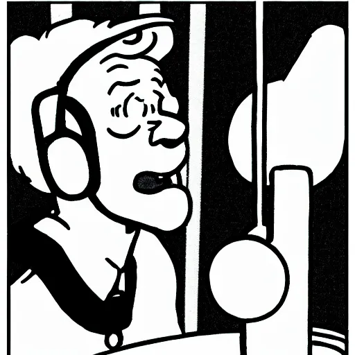 Image similar to tintin wearing headphones and speaking into big microphone, podcast! white terrier, drawn in the style of jean giraud!!