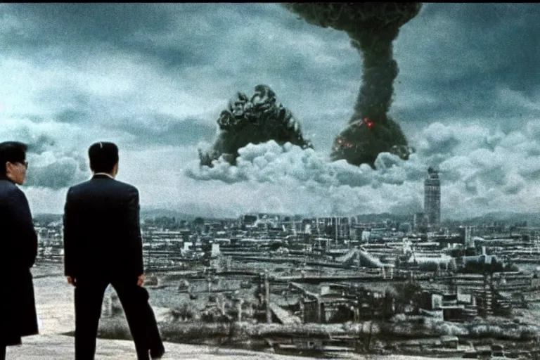 Image similar to a filmstill of Kim Jong-il looking at Starro Kaiju monster destroying Pyongyang, in Stalker (1979) by Andreï Tarkovski, traditional Korean city, palace, epic ultrawide shot, cinémascope