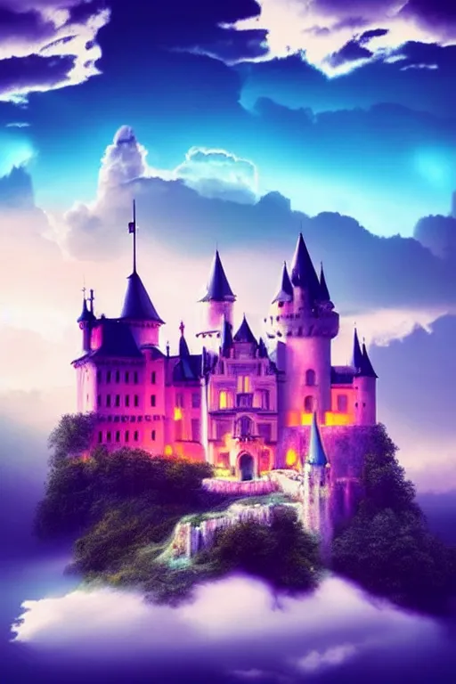 Image similar to beatiful castle in the clouds, romantic, atmospheric, wide shot, vaporwave colors