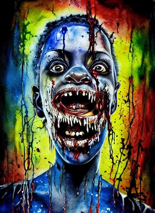 Image similar to african american zombie hollywood artwork professional acting headshot, hyperrealism, intricate detail, studio lighting, charming expression gesicht, hauntingly beautiful zombie, watercolor art, epic, legendary, drawn and painted, colored layers, dulled contrast, exquisite fine art, splatterpaint