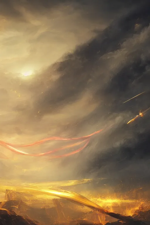 Image similar to breathtaking digital painting of swords flying in golden clouds, numerous blades in dynamic movement, strokes of mist and scarlet ribbons, german romanticism style, volumetric lighting, concept art, matte, sharp focus, art by celestialfang, matchach, juanmao, dustin panzino, trending on artstation