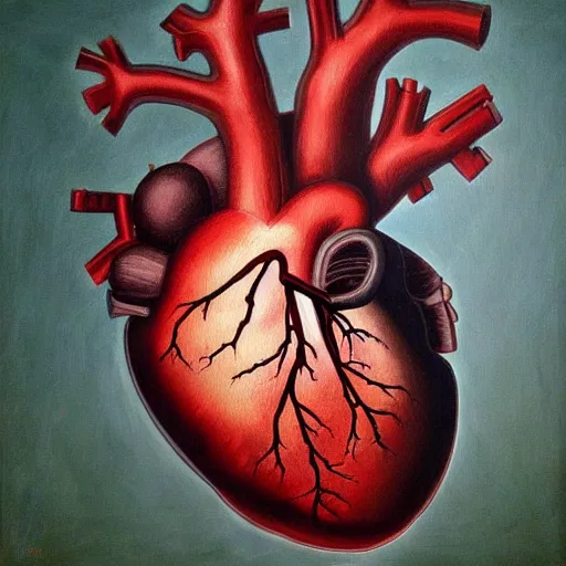 Image similar to dramatic oil in canvas of the anatomy of heart, very detailed