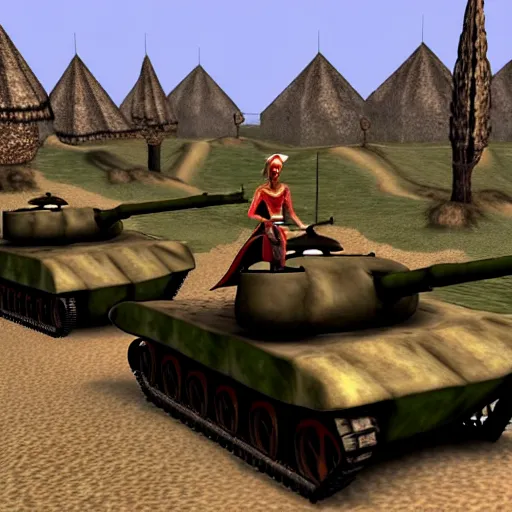 Image similar to a morrowind elf driving a wwii tank in morrowind, retro 3 d graphics, game screenshot