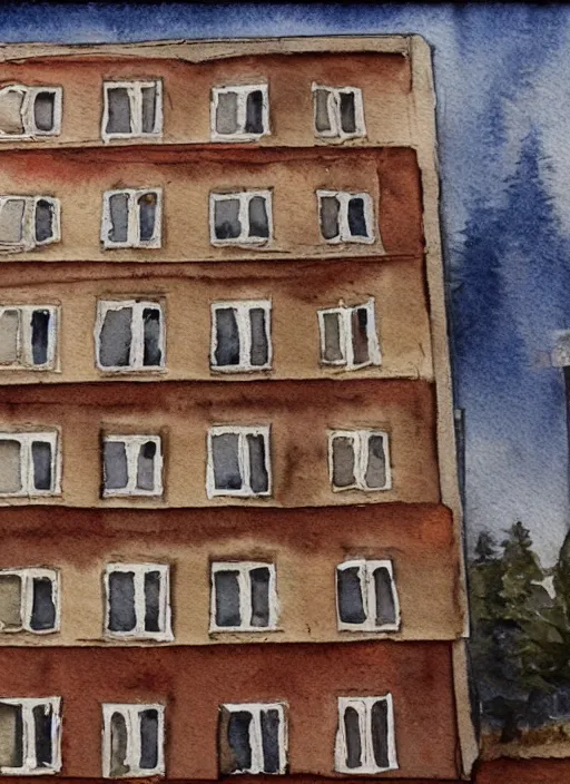 Prompt: watercolor art of small soviet apartment building stands at russian suburbs, full frame