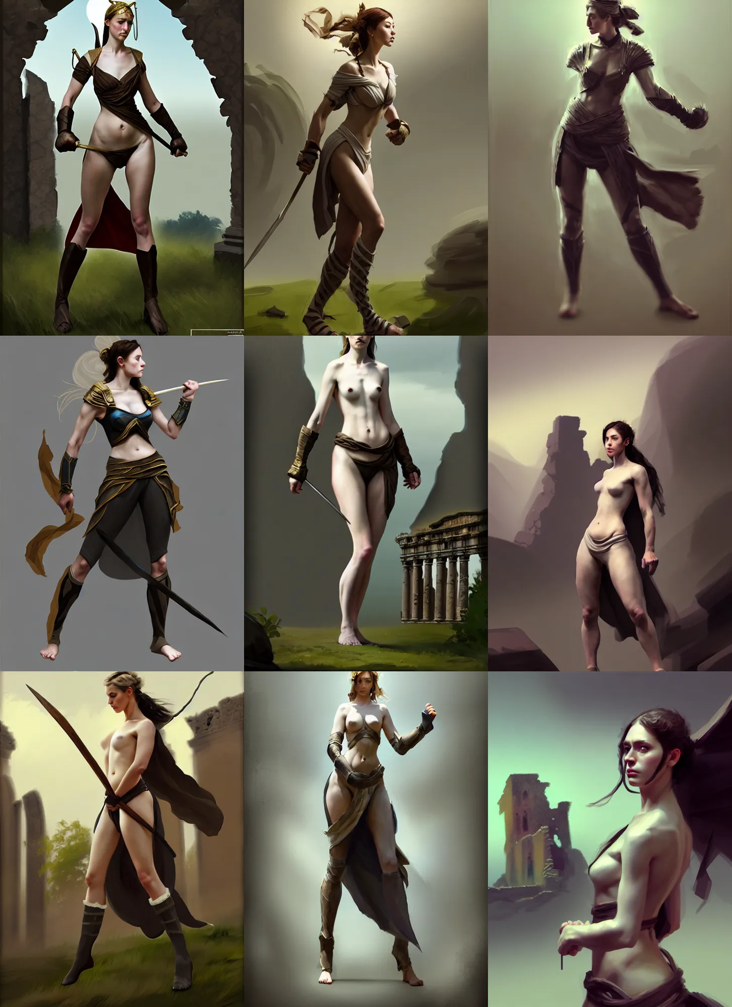 Prompt: photoshop traditional brushes strokes test, costume design from luxury house designers, artist reference pictures pose, sophisticated composition, old masters light composition, procedurally generated, epic fighter girl character posing for concept art, ancient ruins behind her, substance designer, PBR, HD, Ultra detailed, hyperrealistic, megascans, volumetric light, concept by master artist, made in paint tool SAI2, trending pixiv face