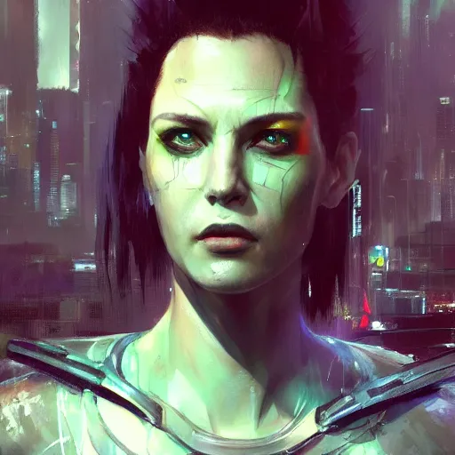 Prompt: closeup portrait of a cyberpunk razorgirl, megacity background, neuromancer, painted by raymond swanland, painted by greg rutkowski, painted by jeremy mann, painted by artgerm, painted by igor kieryluk, trending on artstation