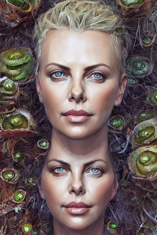 Image similar to Portrait of Charlize Theron as Venus flytrap, intricate, highly detailed, smooth, artstation, digital illustration by Ruan Jia and Mandy Jurgens and Artgerm and Wayne Barlowe and Greg Rutkowski and Zdislav Beksinski