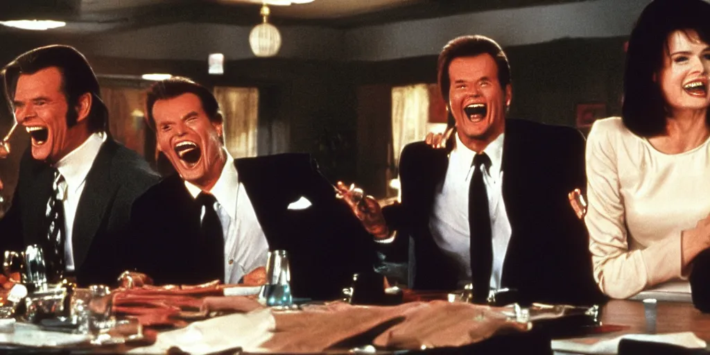 Image similar to still frame of Geena Davis, Roger Moore and Jim Carrey in Pulp Fiction laughing hysterically over a joke