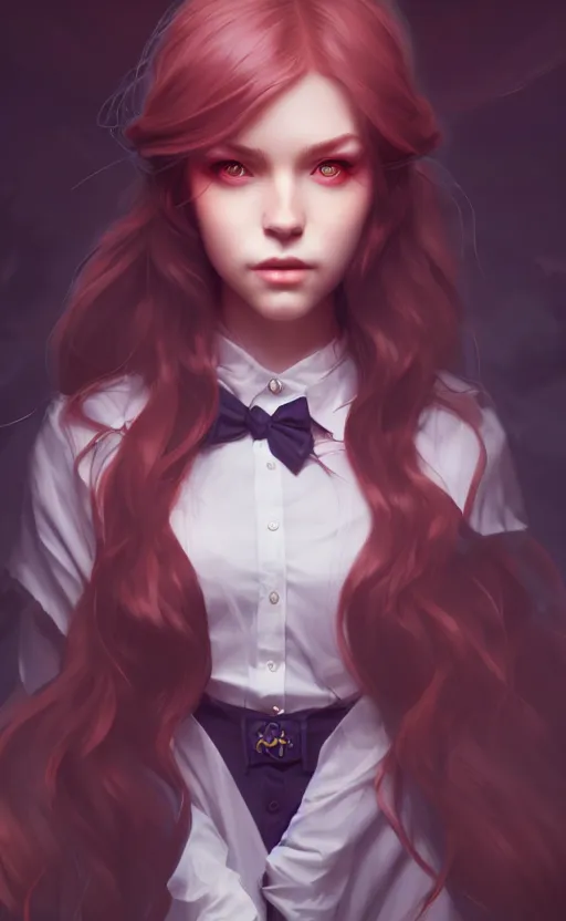 Image similar to portrait of a beautiful woman, dark magic school student uniform, flowy hair, cinematic lighting, highly detailed, digital painting, trending on artstation, pixiv, concept art, sharp focus, illustration, art by ross tran and wlop