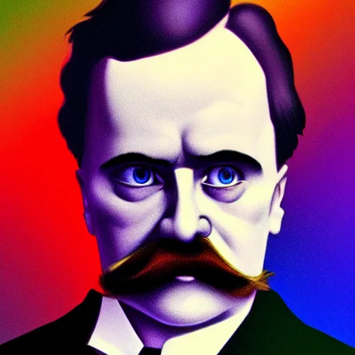 Prompt: 4k Portrait of Friedrich Nietzsche in his Suit with a chiseled Jawline and serious Look, in the Style of Artgerm and Mike Mignola, rim light, saturated colors, hard shadows, colorful, plain background, trending on artstation