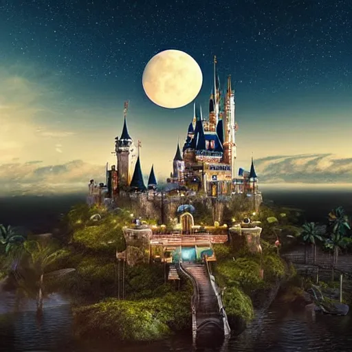 Image similar to the disney castle surrounded by giant palm trees on a giant floating island in the sky at night, a huge moon above the island illuminates the sky, cinematic, digital art by erik johansson, 8 k resolution, hyper detailed, hyper realistic, sharp focus