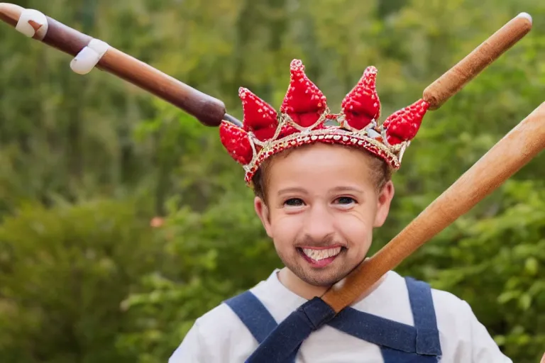 Image similar to legume bean holding a staff, wearing crown, cartoon character,