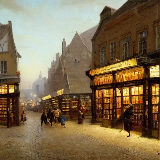 Image similar to Cornelis Springer and Richard Schmid and Willem Koekkoek victorian genre painting painting of an english 19th century english bookshop store front on a stone city streat with shops and stores at night with cozy lights