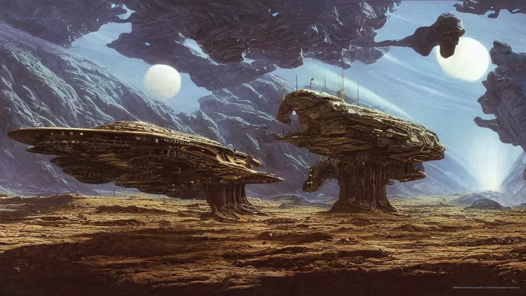 Image similar to organic dropship lander by michael whelan and bernie wrightson, epic cinematic matte painting