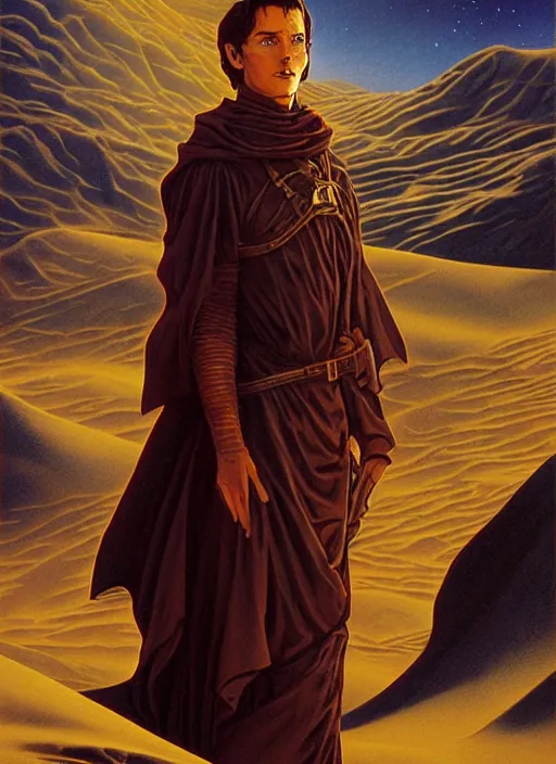 Prompt: paul atreides stands in the desert, dune novel cover, poster art, by michael whelan, artgerm, retro, nostalgic, old fashioned, 1 9 8 0 s teen horror novel cover, book