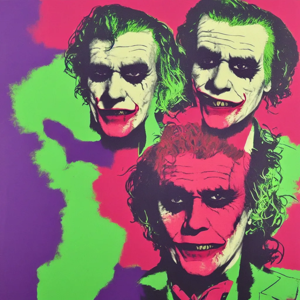 Image similar to individual silk screen portrait of the joker by andy warhol