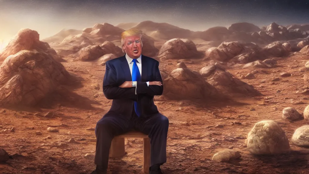 Image similar to realistic portrait of donald trump on mars, fantasy artwork, very very very beautiful scenery, hd, hdr, ue5, ue6, unreal engine 5, cinematic 4k wallpaper, 8k, ultra detailed, high resolution, artstation, award winning