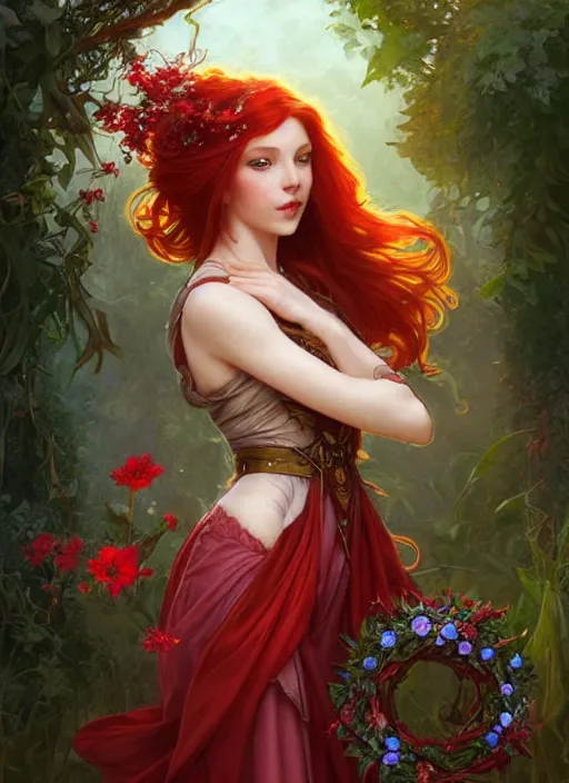 Prompt: a beautiful red haired woman as a fairy princess in a garden holding a wreath, deep focus, d & d, fantasy, intricate, elegant, highly detailed, digital painting, artstation, concept art, matte, sharp focus, illustration, hearthstone, art by artgerm and greg rutkowski and alphonse mucha