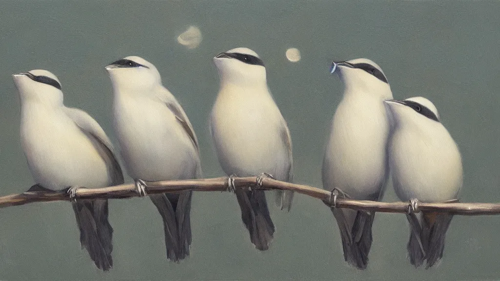 Prompt: a row of fat bearded reedlings, oil painting, midnight, moonlight, full moon, highly detailed, hyper realistic