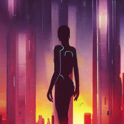 Image similar to « futuristic city, cyberpunk, blade runner, sunrise, morning, girl watching the sky, ground view to the top »