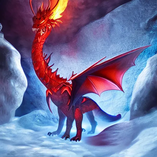 Image similar to a mysterious fire dragon in a ice cave, hyperrealistic, photorealistic, 4k, trending on artstation