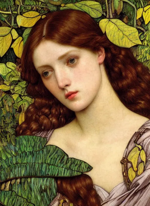 Image similar to masterpiece beautiful seductive flowing curves preraphaelite face portrait amongst leaves, extreme close up shot, straight bangs, thick set features, yellow ochre ornate medieval dress, laying amongst foliage mushroom forest circle arch, frederic leighton and kilian eng and rosetti and preraphaelites, william morris, 4 k