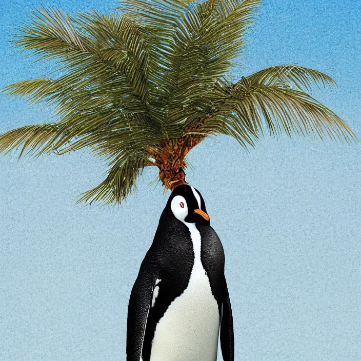 Image similar to penguin with a palm tree growing on its head, digital art, highly detailed