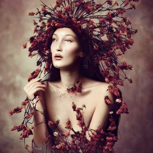 Image similar to fine art photo of bella hadid, she has a crown of dried flowers, by oleg oprisco