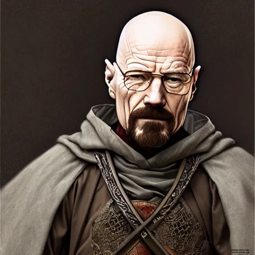 Image similar to Walter White dressed in medieval fashion, D&D, fantasy, intricate, elegant, highly detailed, digital painting, artstation, concept art, matte, sharp focus, illustration, art by Artgerm and Greg Rutkowski and Alphonse Mucha