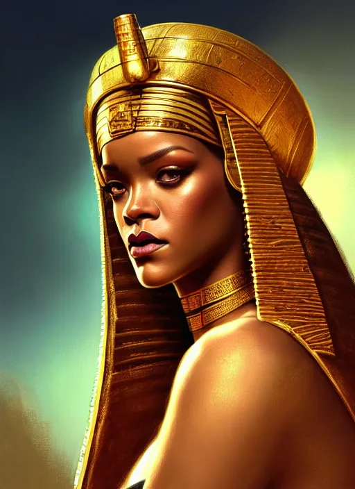 Prompt: portrait of rihanna as pharaoh, ancient egypt, hat, colt, intricate, headshot, highly detailed, digital painting, artstation, concept art, sharp focus, cinematic lighting, illustration, art by artgerm and greg rutkowski, alphonse mucha, cgsociety