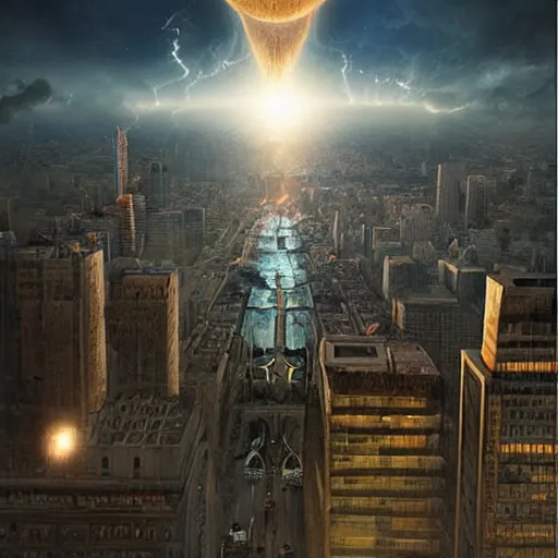 Image similar to black hole rising above city, city destroyed by shockwave, digital art, art by gonzalo fuenmayor, asher brown durand