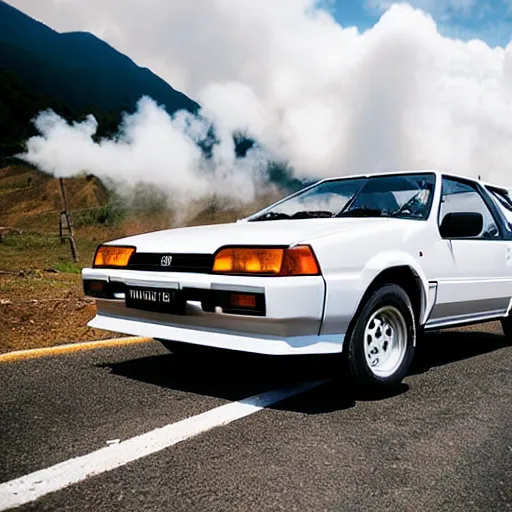 Image similar to Toyota AE86 Trueno white with black capo drifting through quindio\'s mountains with a cloud of white smoke coming out of the rear tires, photography, 8k