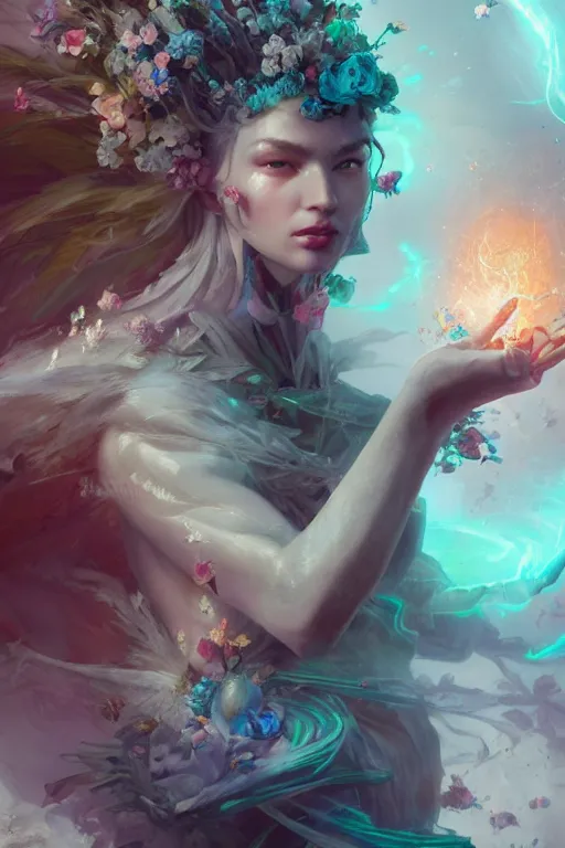 Prompt: beautiful girl necromancer exploding into flowers, angels, 3 d render, hyper - realistic detailed portrait, holding electricity, ruan jia, wlop. scifi, fantasy, hyper detailed, octane render, concept art, peter mohrbacher