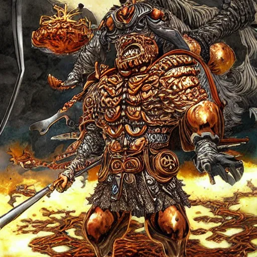 Image similar to intricate detailed burger warrior with huge swod, dark fantasy art by kentaro miura