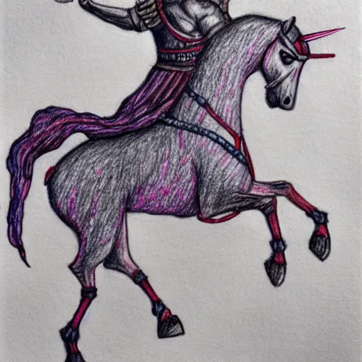 Prompt: A drawing of Julius Caesar riding a unicorn, colored pencil art,