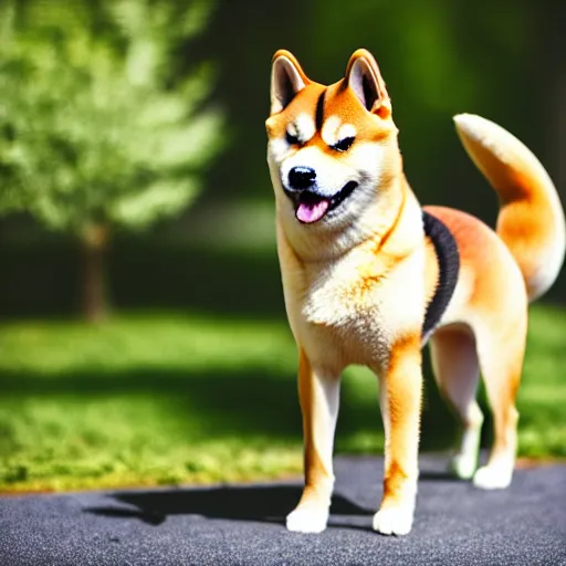 Image similar to close - up photo of shiba inu holding huge mace in paws, standing vertically, ( eos 5 ds r, iso 1 0 0, f / 8, 1 / 1 2 5, 8 4 mm, postprocessed, sharp )