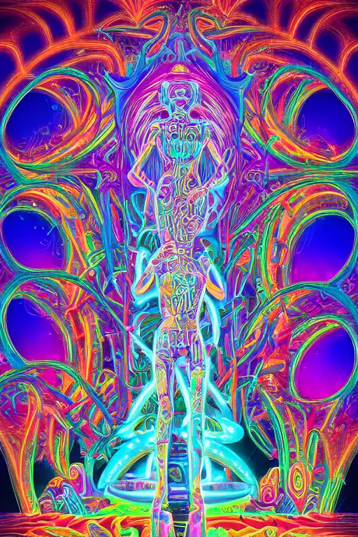 Image similar to a detailed digital neon illustration of the burningman statue in the style of Alex Grey, lisa frank, beeple, dan mumford. maya render, trending on artstation, greg rutkowski very coherent symmetrical artwork, psychedelic, fantasy, 8k, ornate, intricate, symmetry, cinematic, hyper realism, high detail, octane render, 8k, iridescent accents