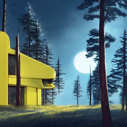 Image similar to futuristic yellow house on a hill with big trees, multiple moons, dramatic lighting, artstation, matte painting, raphael lacoste, simon stalenhag, frank lloyd wright, zaha hadid