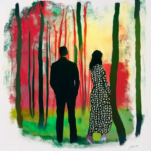 Image similar to a painting of a man and a woman in a forest at midnight, a silk screen by julian schnabel, behance, midnight hour, modern european ink painting, photoillustration, impressionism, multiple exposure, artstation