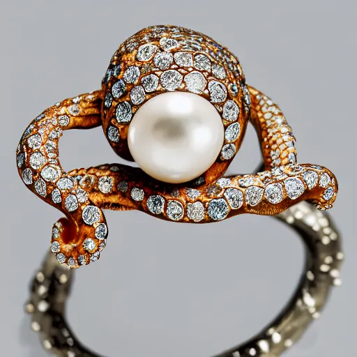 Image similar to hd photo of a octopus ring with diamonds and pearls by vivienne westwood, denoise, deblur