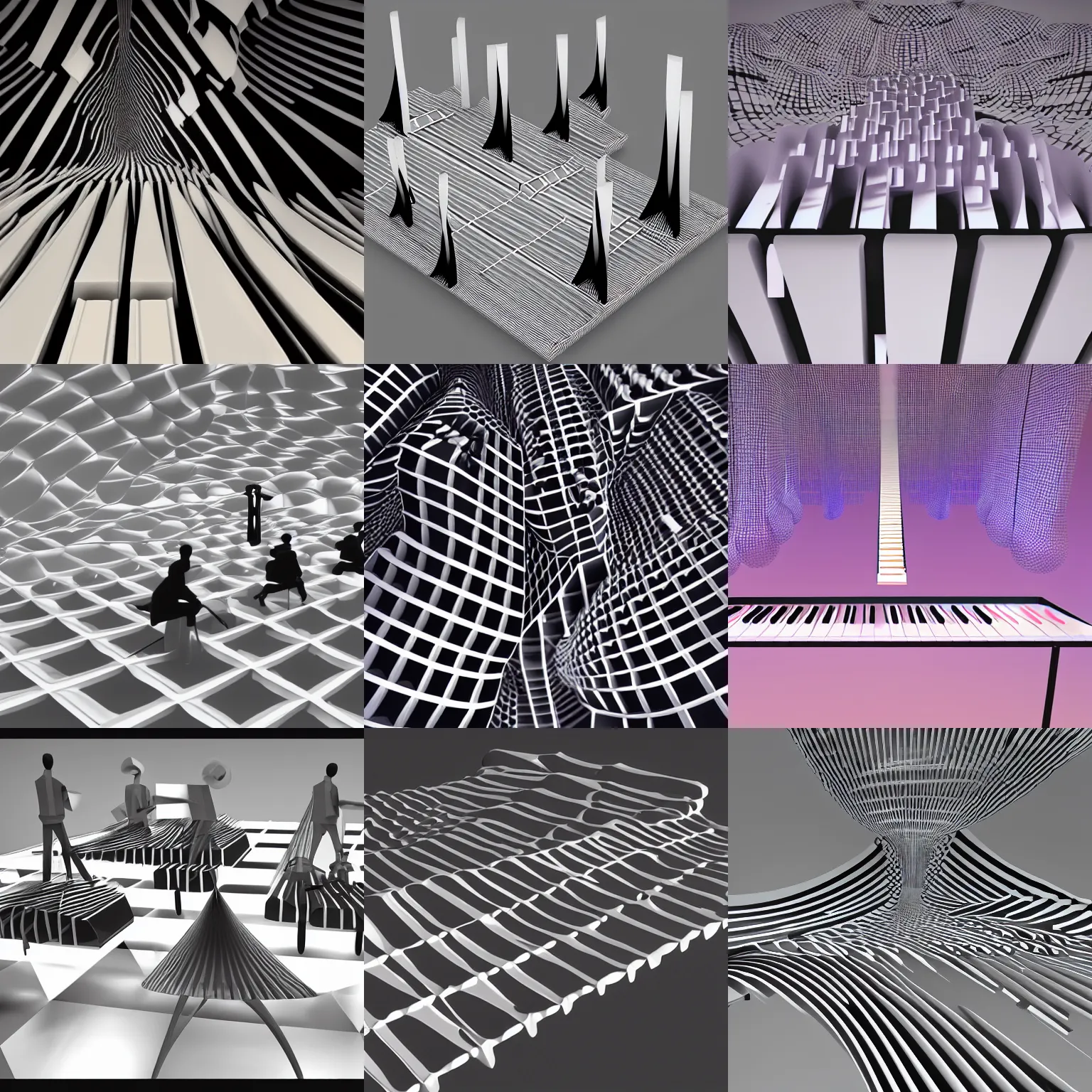 Prompt: members of an orchestra standing on floating piano keys, geometric patterns, computer generated 3 d vertices, surrealism