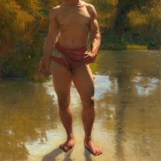 Prompt: asian man by the river, muscular, painted by Gaston Bussiere, Craig Mullins