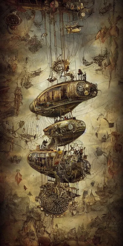 Image similar to a vintage steampunk living airship by alexander jansson and where's waldo and leonardo da vinci