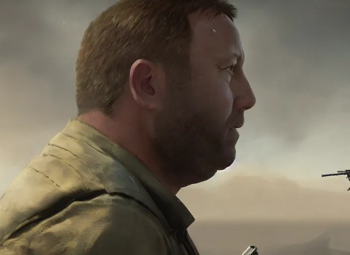 Prompt: close up cinematic artwork of Alex Jones staring down the enemy on the battlefield by Greg Rutkowski, 4k, masterpiece