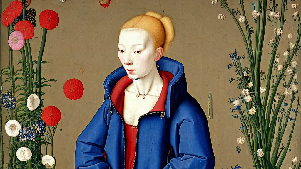 Prompt: portrait of a woman with blonde hair, wearing a blue puffer jacket and baggy jeans, standing in a room full of plants and flowers, white background, intricate details, high detail, in the style of rogier van der weyden and jacopo da pontormo, punk, asian art,